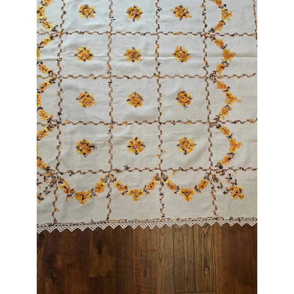 Vintage Embroidered Tablecloth Autumnal Orange Yellow Floral Crochet Lace Border